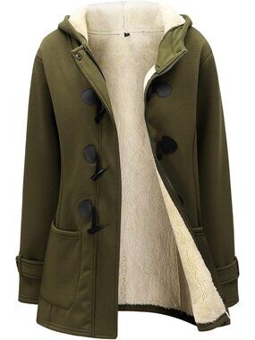 Women's Army Winter Lightweight Duffle Toggle Fleece Zip Up Jacket Long Hooded